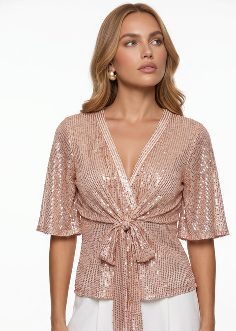 MA8129 Sequin Tie-Front Blouse IN PINK - Marc Angelo