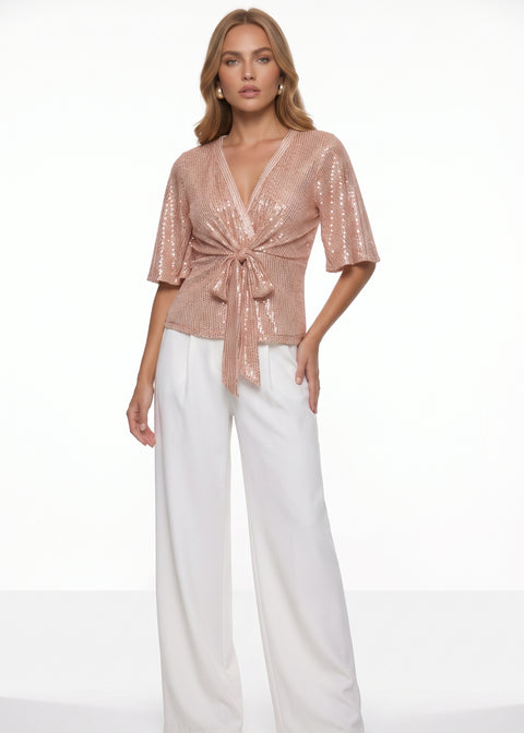 MA8129 Sequin Tie-Front Blouse IN PINK - Marc Angelo