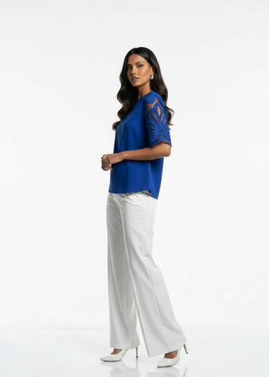 MA821660 BLU Floral Lace Detailed Blouse - Marc Angelo