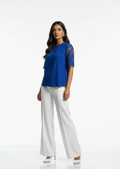 MA821660 BLU Floral Lace Detailed Blouse - Marc Angelo