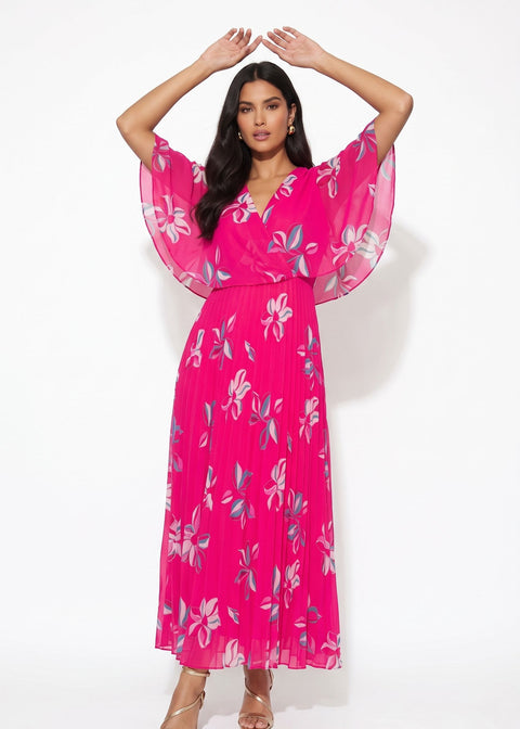 MA3225 FLORAL PLEATED MAXI DRESS IN FUSCHIA