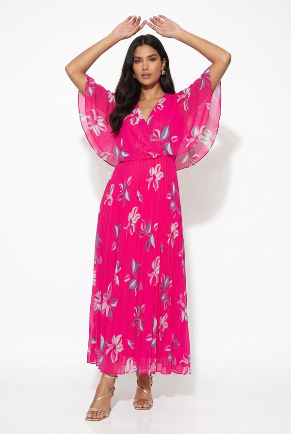 MA3225 FLORAL PLEATED MAXI DRESS IN FUSCHIA