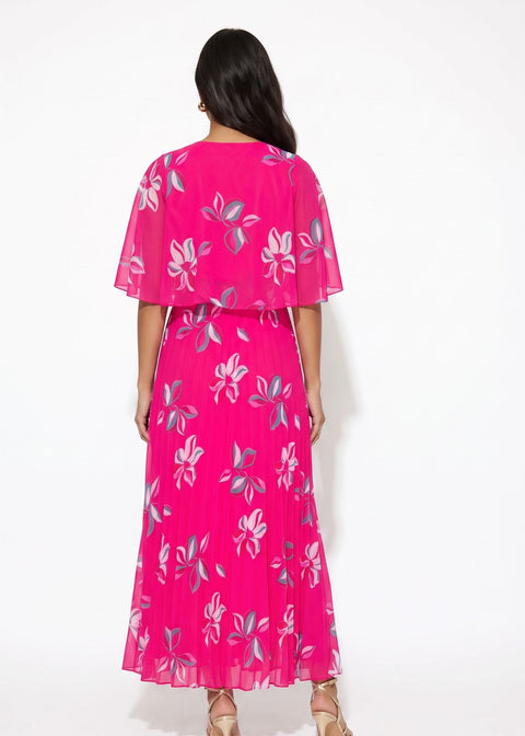 MA3225 FLORAL PLEATED MAXI DRESS IN FUSCHIA