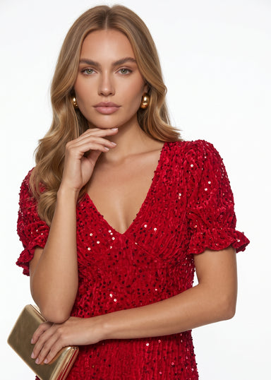 Pixie Daisy Velvet Diamante Dress PD8164 RED