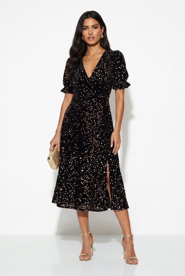Pixie Daisy Velvet Diamante Dress PD8164 BLACK