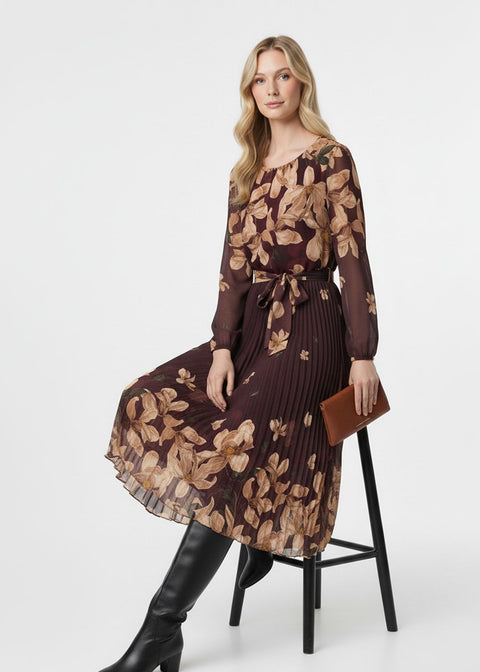 Marc Angelo Pleated Midi Dress in Brown