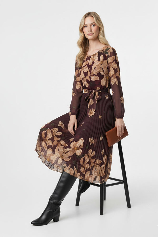 Marc Angelo Pleated Midi Dress in Brown