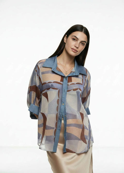 ma07999 Geometric Print Button-Down Shirt - Marc Angelo