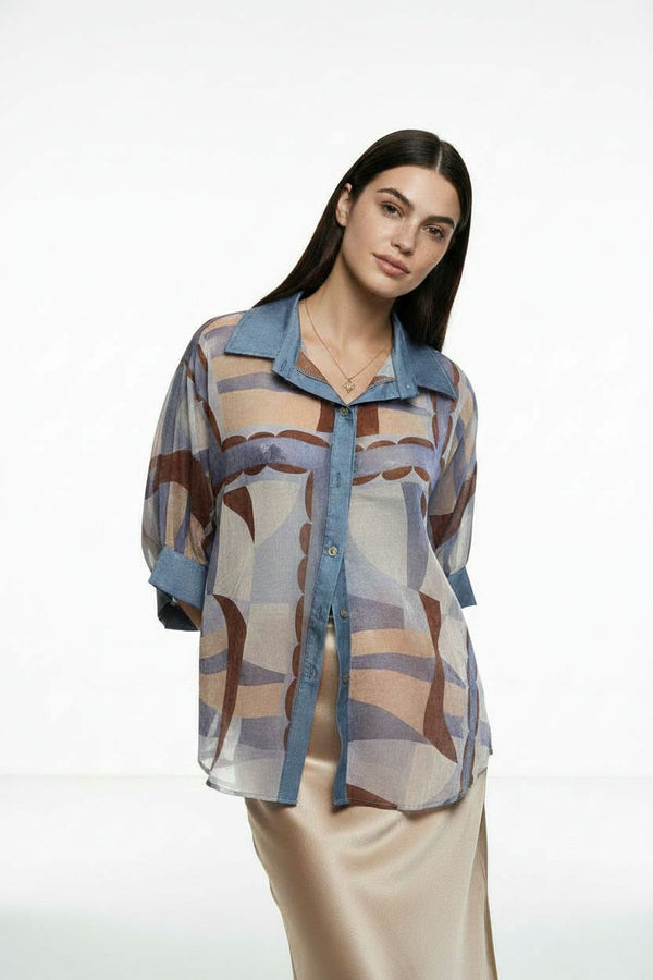 ma07999 Geometric Print Button-Down Shirt - Marc Angelo