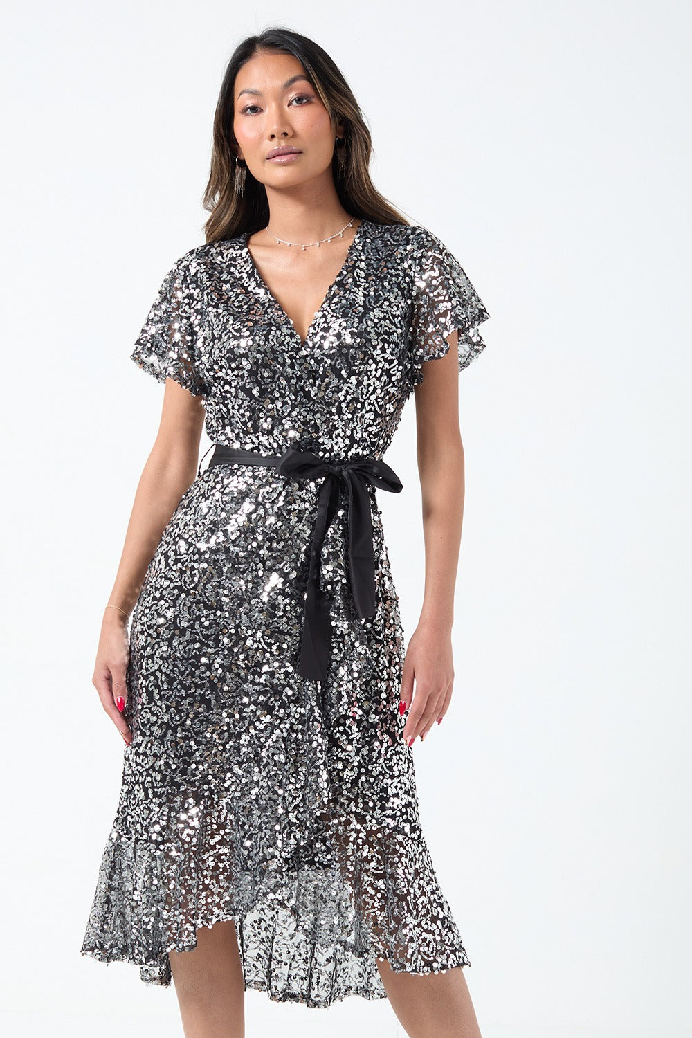 Marc Angelo Sequin Wrap Dress in black 8 Pieces per Pack 1 x size 8 2 x size 10 2 x size 12 2 x size 14 1 x size 16 black