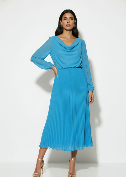 MA5929 TURQUOISE Pleated Cowl-Neck Midi Dress with Tie Back