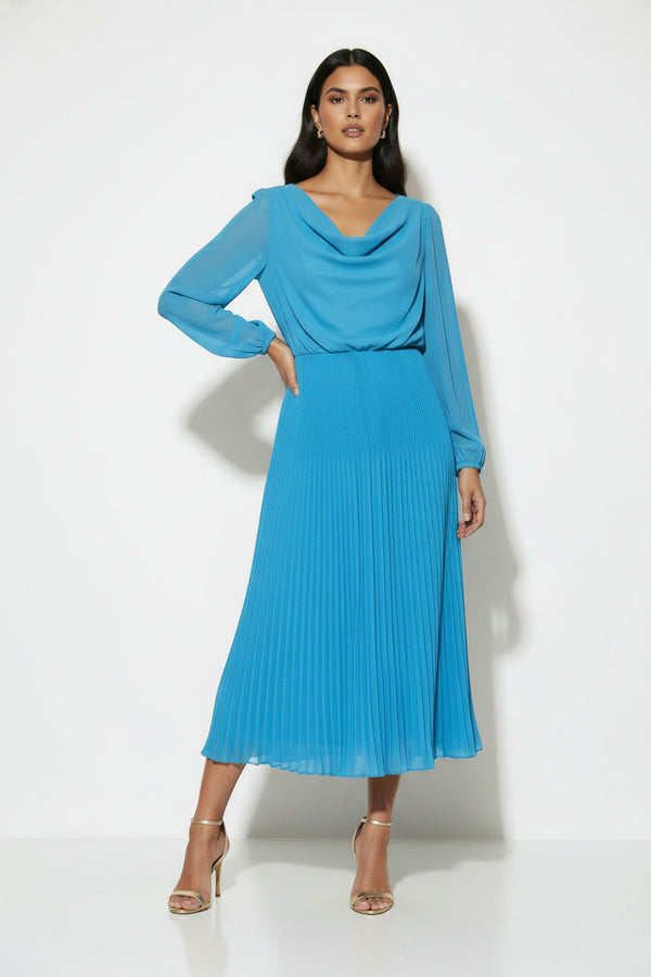 MA5929 TURQUOISE Pleated Cowl-Neck Midi Dress with Tie Back - Marc Angelo
