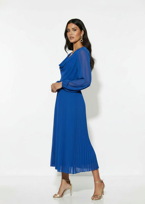 MA5929 ROYAL BLUE Pleated Cowl-Neck Midi Dress with Tie Back