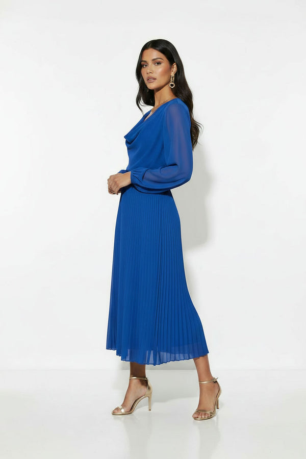 MA5929 ROYAL BLUE Pleated Cowl-Neck Midi Dress with Tie Back - Marc Angelo