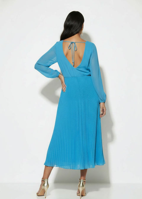 MA5929 TURQUOISE Pleated Cowl-Neck Midi Dress with Tie Back