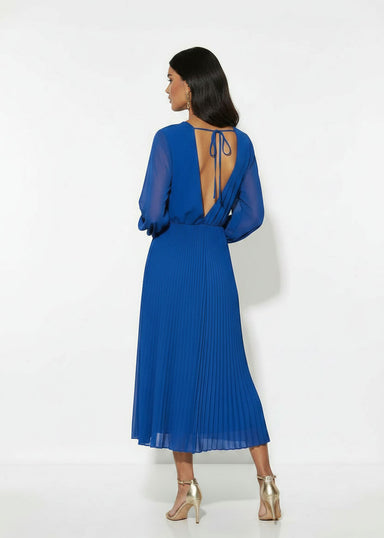 MA5929 ROYAL BLUE Pleated Cowl-Neck Midi Dress with Tie Back - Marc Angelo