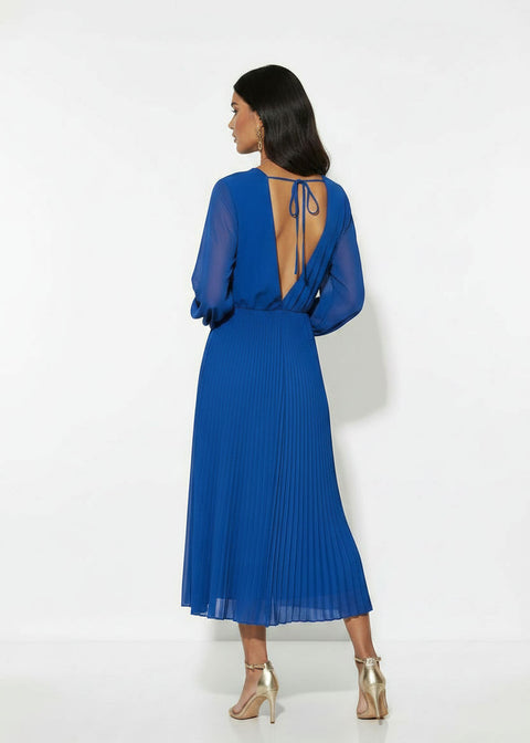 MA5929 ROYAL BLUE Pleated Cowl-Neck Midi Dress with Tie Back