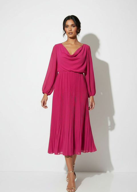 MA5929 FUSCHIA Pleated Cowl-Neck Midi Dress with Tie Back
