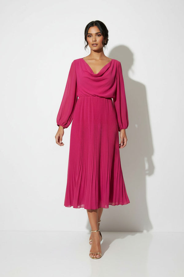 MA5929 FUSCHIA Pleated Cowl-Neck Midi Dress with Tie Back