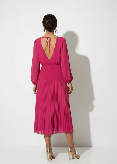 MA5929 FUSCHIA Pleated Cowl-Neck Midi Dress with Tie Back - Marc Angelo