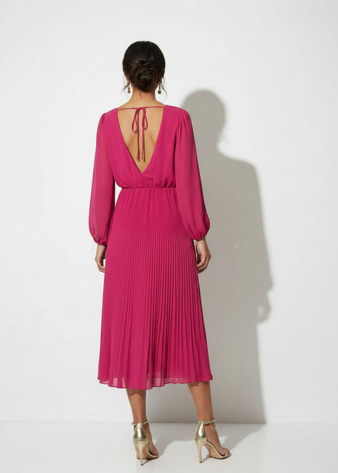 MA5929 FUSCHIA Pleated Cowl-Neck Midi Dress with Tie Back