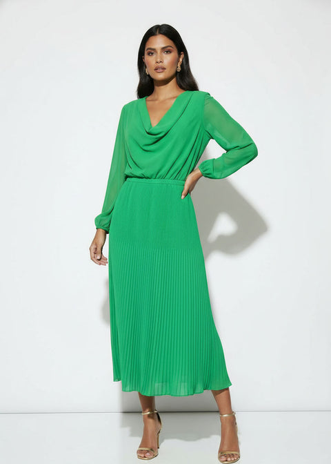 MA5929 GREEN Pleated Cowl-Neck Midi Dress with Tie Back