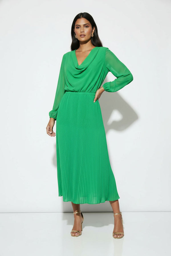 MA5929 GREEN Pleated Cowl-Neck Midi Dress with Tie Back - Marc Angelo