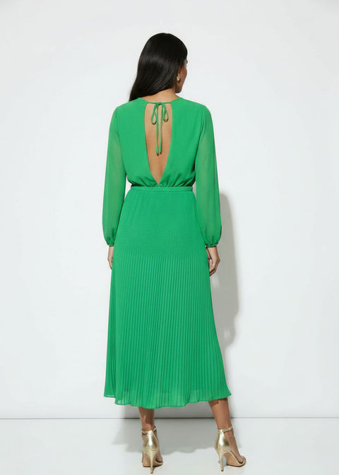 MA5929 GREEN Pleated Cowl-Neck Midi Dress with Tie Back