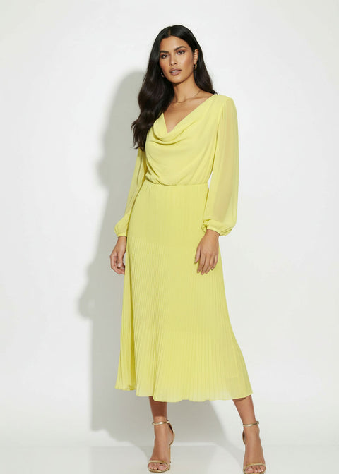 MA5929 YELLOW Pleated Cowl-Neck Midi Dress with Tie Back