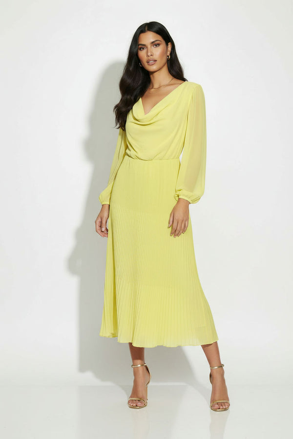 MA5929 YELLOW Pleated Cowl-Neck Midi Dress with Tie Back - Marc Angelo