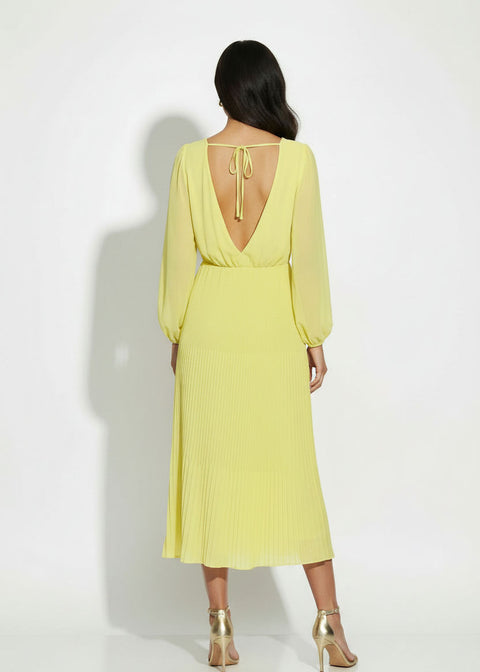 MA5929 YELLOW Pleated Cowl-Neck Midi Dress with Tie Back