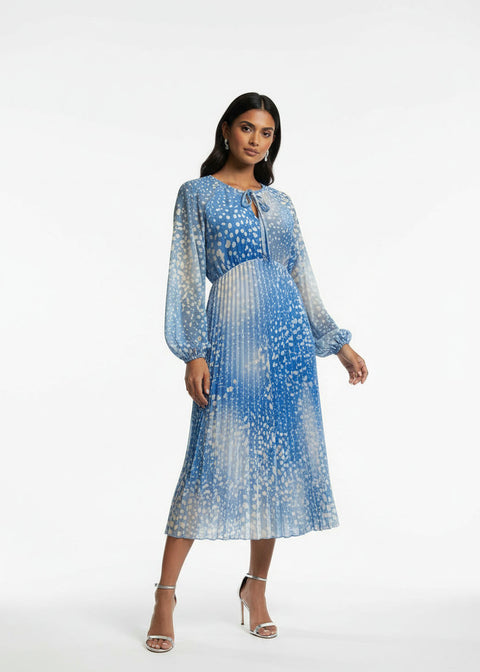 Marcangelo Abstract Print Pleated Midi Dress MA6780 BLU - Marc Angelo