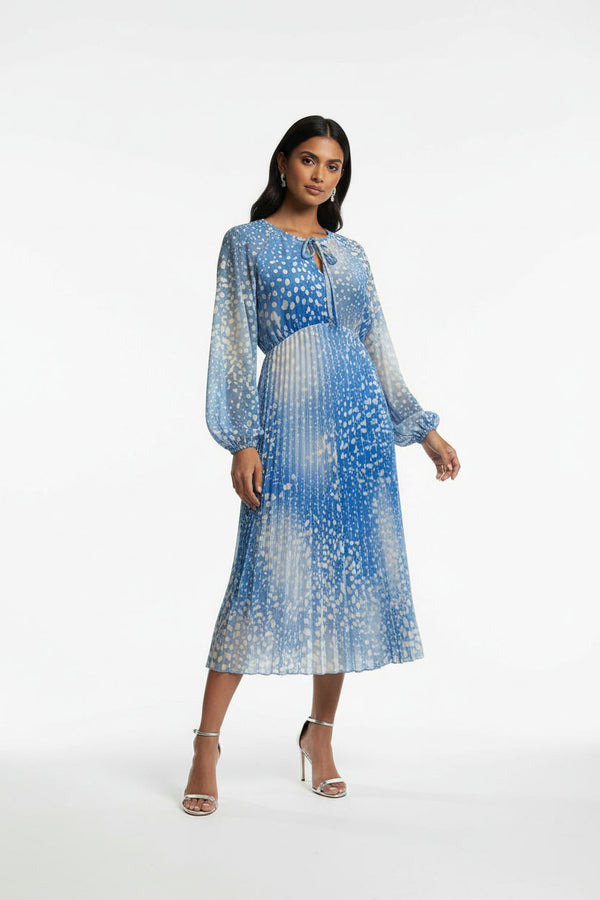 Marcangelo Abstract Print Pleated Midi Dress MA6780 BLU - Marc Angelo