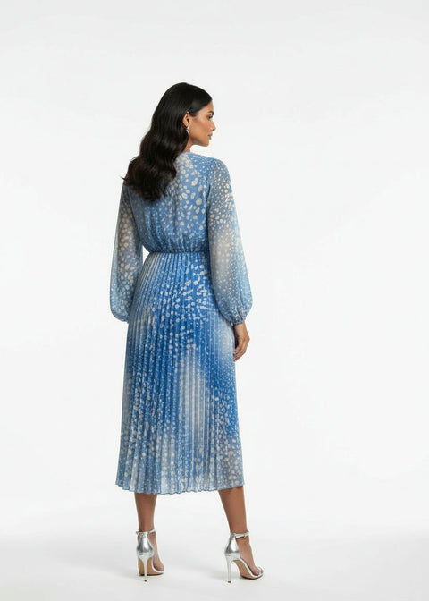 Marcangelo Abstract Print Pleated Midi Dress MA6780 BLU - Marc Angelo