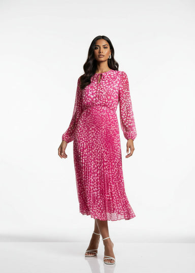 Marcangelo Abstract Print Pleated Midi Dress MA6780 PNK - Marc Angelo