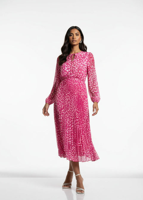 Marcangelo Abstract Print Pleated Midi Dress MA6780 PNK - Marc Angelo