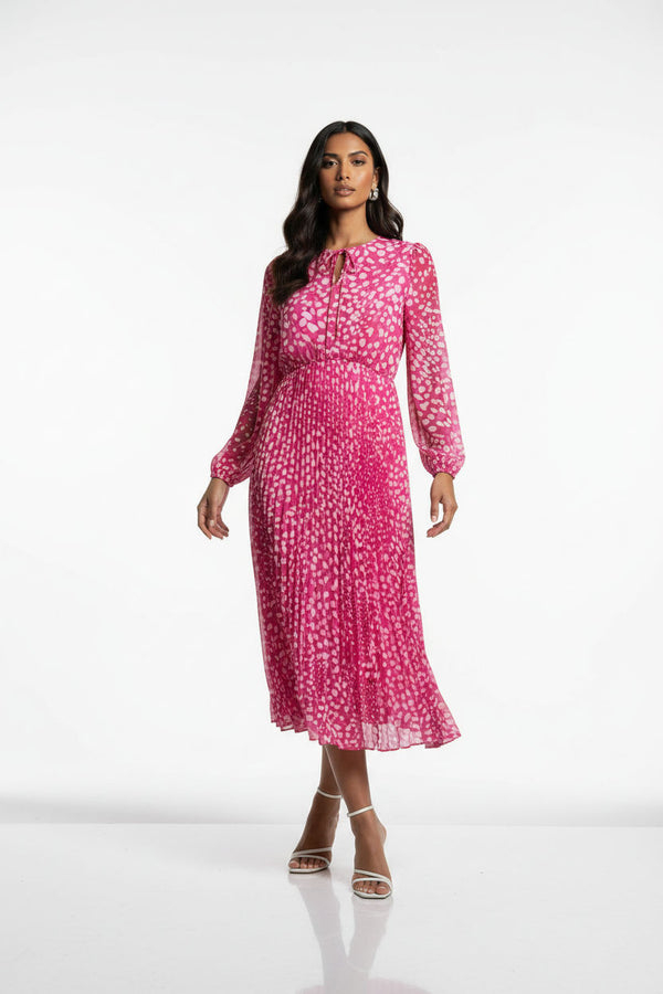 Marcangelo Abstract Print Pleated Midi Dress MA6780 PNK - Marc Angelo