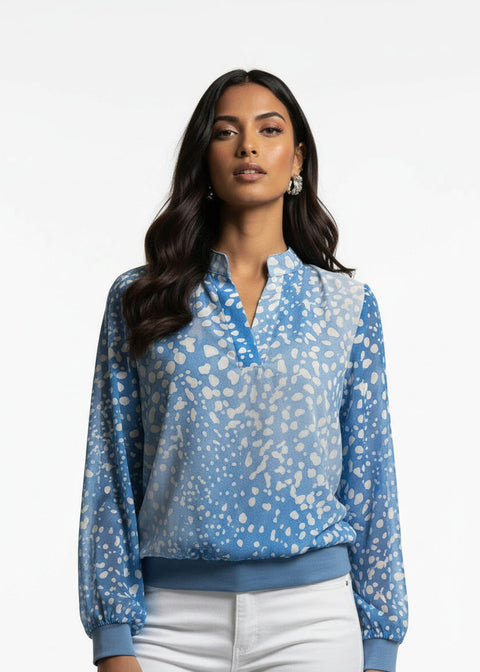 Abstract Spot Print V-Neck Blouse MA7036 Blue - Marc Angelo