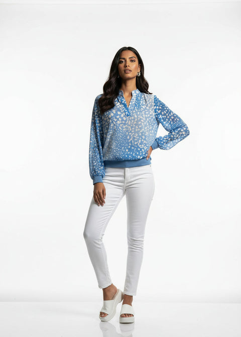 Abstract Spot Print V-Neck Blouse MA7036 Blue - Marc Angelo