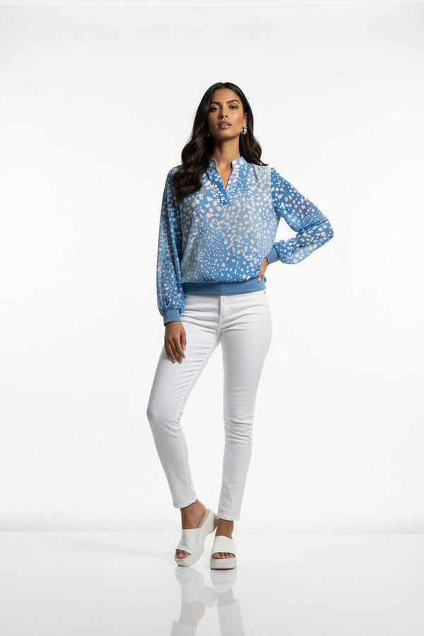 Abstract Spot Print V-Neck Blouse MA7036 Blue - Marc Angelo