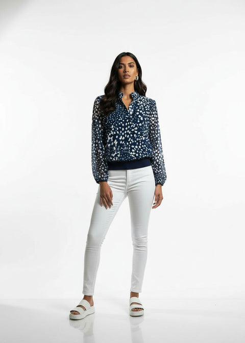 Abstract Spot Print V-Neck Blouse MA7036 NAVY - Marc Angelo