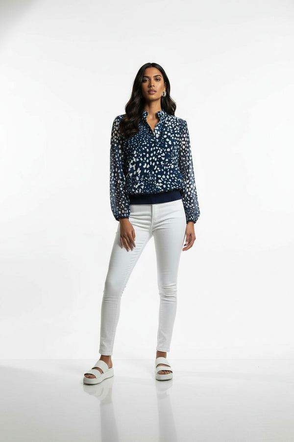 Abstract Spot Print V-Neck Blouse MA7036 NAVY - Marc Angelo