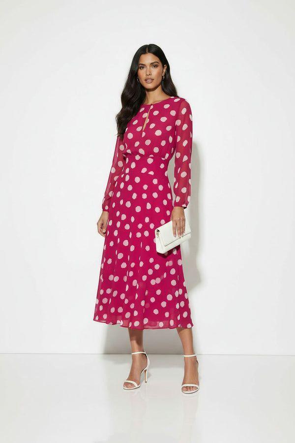 MA7750-D434FUSCHIA DOTTED MIDI DRESS