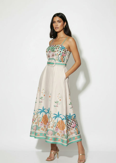 MA81357 Tropical Print Belted Midi Dress