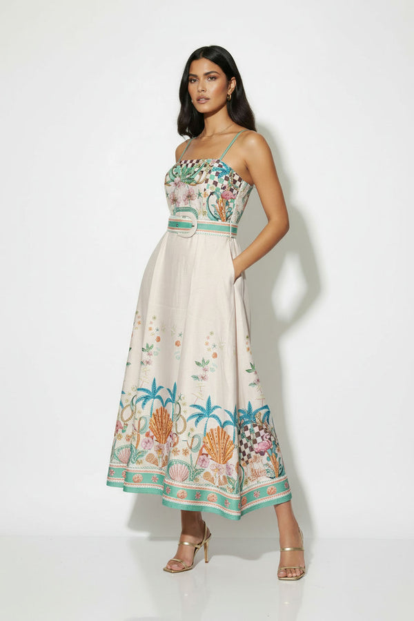 MA81357 Tropical Print Belted Midi Dress - Marc Angelo