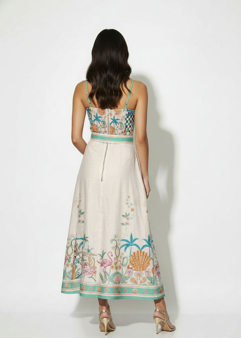 MA81357 Tropical Print Belted Midi Dress