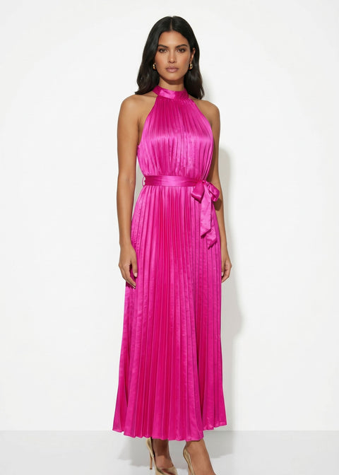 MA81303 Pleated Halter Maxi Dress FUSCHIA