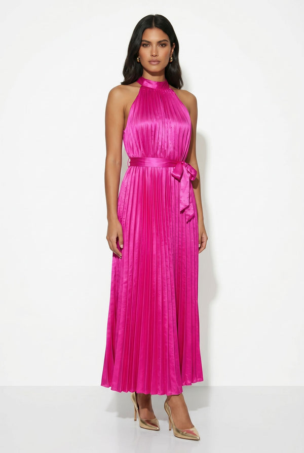 MA81303 Pleated Halter Maxi Dress FUSCHIA