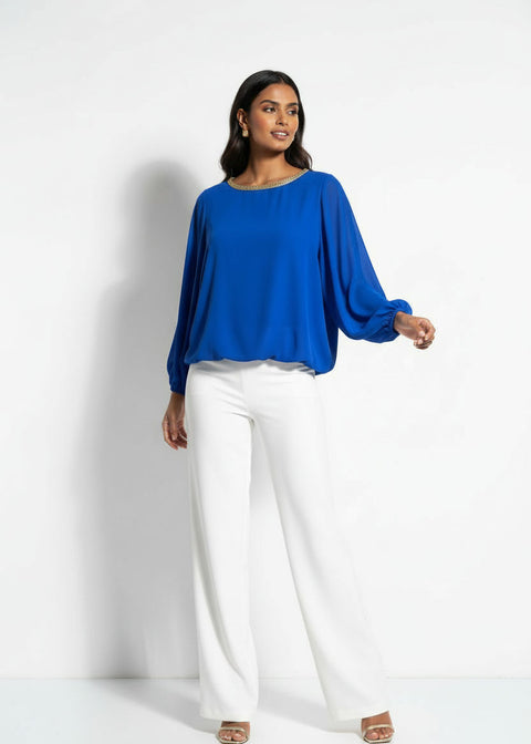 MA8997 CHIFFON BLOUSON TOP ROYAL BLUE - Marc Angelo