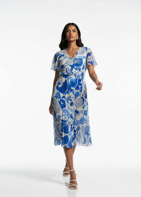 Marcangelo Floral Plissé Flare Dress MA6599 BLU - Marc Angelo